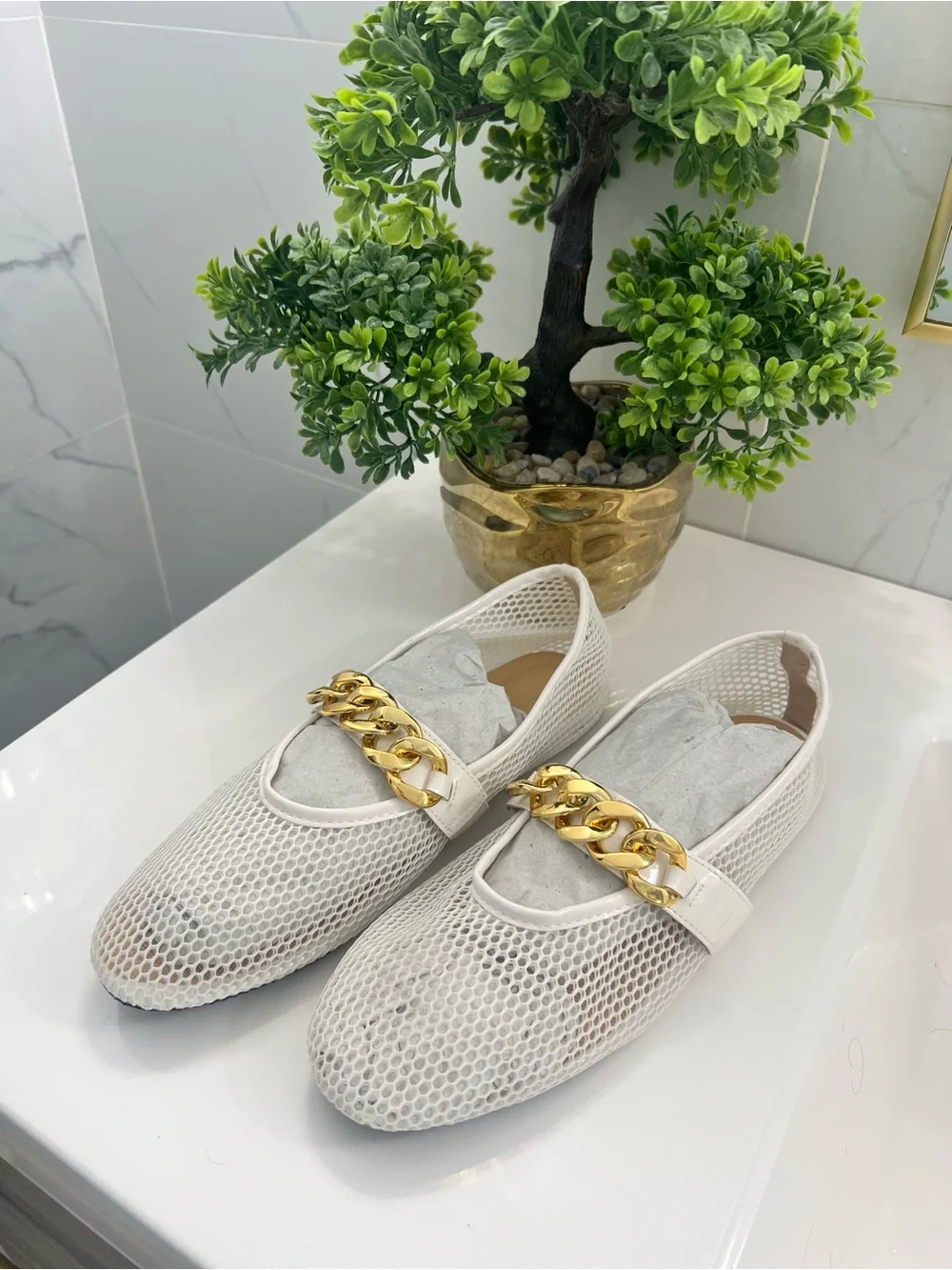 Women’s White Mesh Slip-On Loafers with Gold Chain Accent